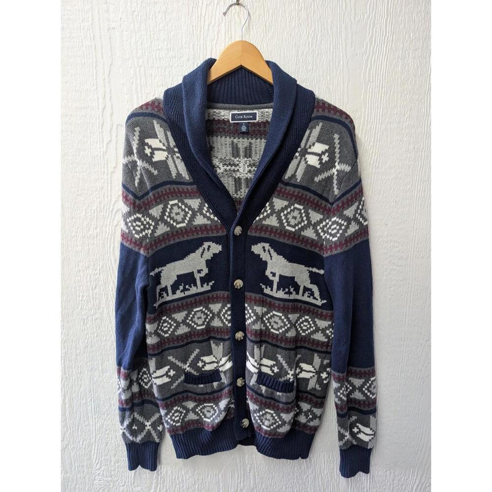 Vintage Club Room Blue Cardigan Sweater Fair Isle Dog Hunting Men's Small
